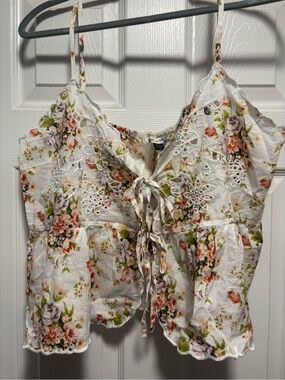 American Eagle Outfitters White Floral Eyelet Lace-Up Tank